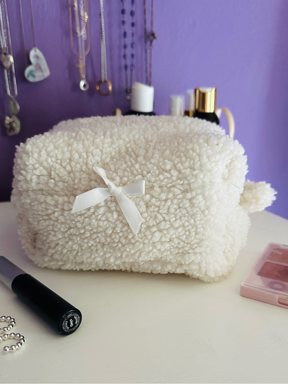 Cream Sherpa boxy makeup Bag with Bow Accent